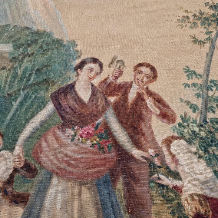 Paar Handbemalte Leinwandpaneele nach Goya, Antike Sargas Pintadas Wandteppich Entwuerfe, Las Floreras und La Vendimia, fruehes 