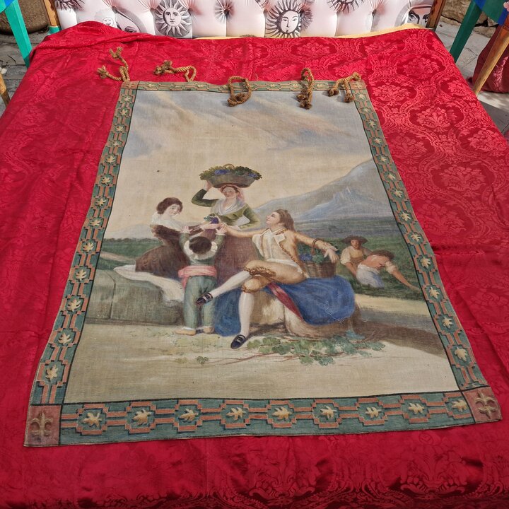 Paar Handbemalte Leinwandpaneele nach Goya, Antike Sargas Pintadas Wandteppich Entwuerfe, Las Floreras und La Vendimia, fruehes 