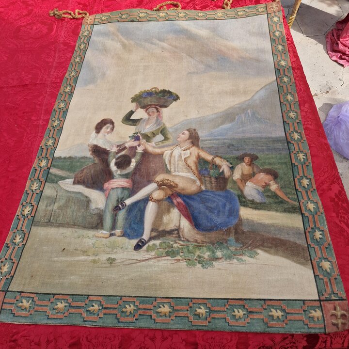 Paar Handbemalte Leinwandpaneele nach Goya, Antike Sargas Pintadas Wandteppich Entwuerfe, Las Floreras und La Vendimia, fruehes 