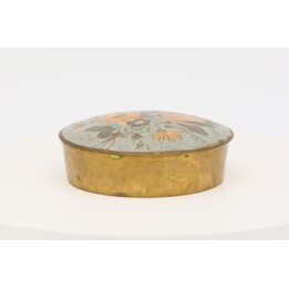 Alhajero de Latón Vintage, Cajita Joyero Esmaltado, Tocador Mid Century, Recipiente de Crisantemo Años 50, Caja Polvo Decorativa