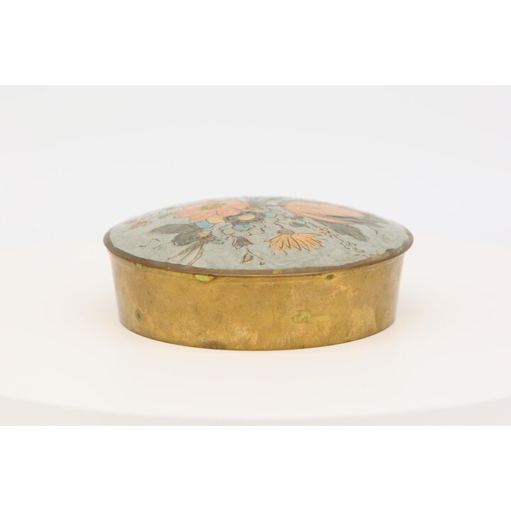 ビンテージ 真鍮 ジュエリーボックス, 花柄 エナメル 七宝焼 小物入れ, ミッドセンチュリー 1950年代 菊 丸型 化粧粉入れ アンティーク レトロ 蓋物 12cm 化粧品