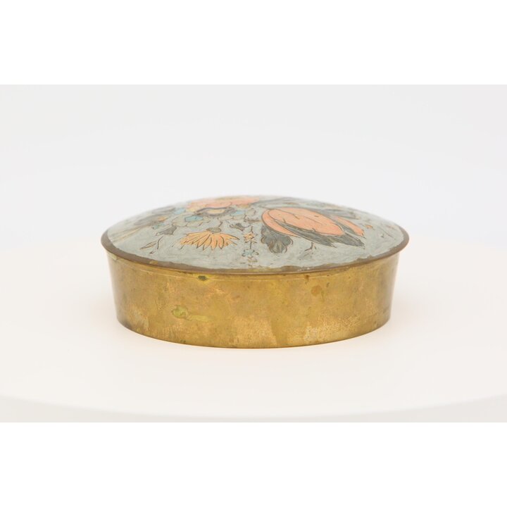 ビンテージ 真鍮 ジュエリーボックス, 花柄 エナメル 七宝焼 小物入れ, ミッドセンチュリー 1950年代 菊 丸型 化粧粉入れ アンティーク レトロ 蓋物 12cm 化粧品