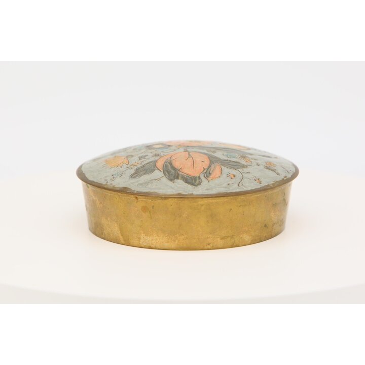 Vintage Messing Schmuckdose, Emaille Schmuckkästchen, Mid Century Frisiertisch Dose, 1950er Chrysantheme Behälter, Deko Schachte