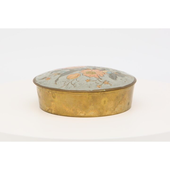 ビンテージ 真鍮 ジュエリーボックス, 花柄 エナメル 七宝焼 小物入れ, ミッドセンチュリー 1950年代 菊 丸型 化粧粉入れ アンティーク レトロ 蓋物 12cm 化粧品