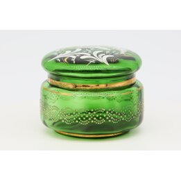 Scatola Portagioie Antica in Vetro Verde di Boemia, Cofanetto Smaltato a Mano, Portagioielli Vittoriano con Oro, Fine del XIX Se
