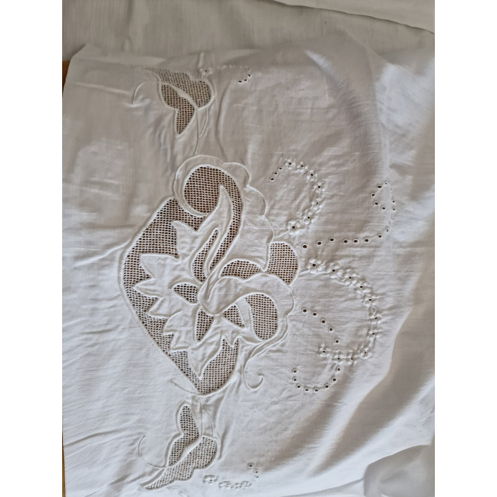 Antique French Linen Bedding Set with Richelieu Lace, 1910s