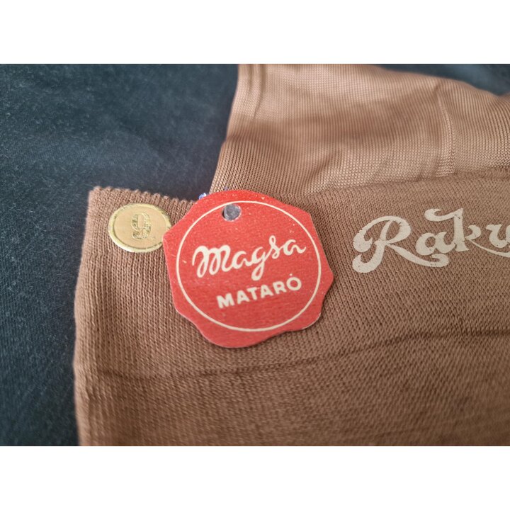 Pończochy bawełniane vintage Magsa Raku Mataro lata 40, brązowe pończochy do ud Hiszpania rozmiar 9, bielizna retro