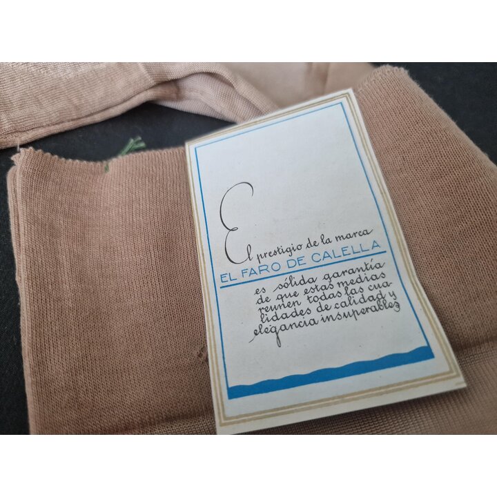 Vintage Stockings Seamed Hosiery El Faro de Calella 1950s Viscose Cotton Beige Size 9 NOS Deadstock Without Box