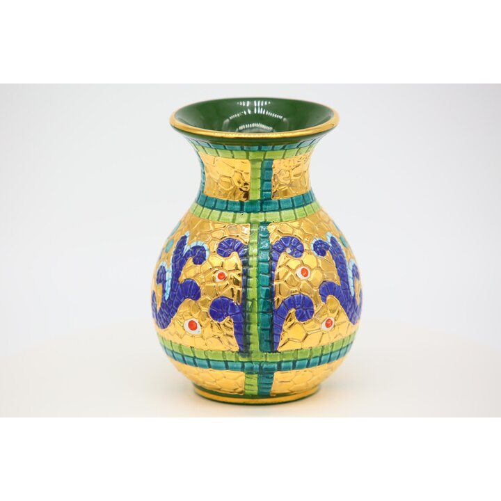 Jarrón vintage de cerámica italiana pintado con oro de 24K y azul