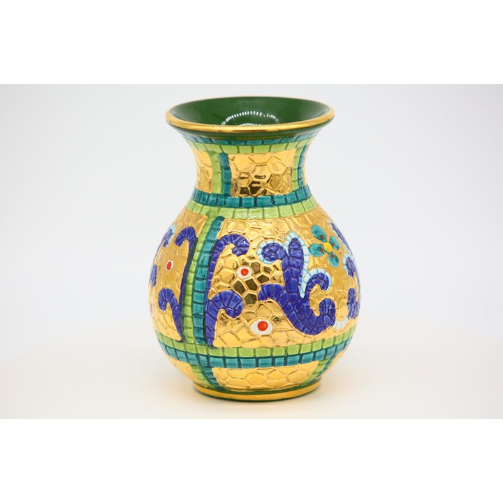 Jarrón vintage de cerámica italiana pintado con oro de 24K y azul