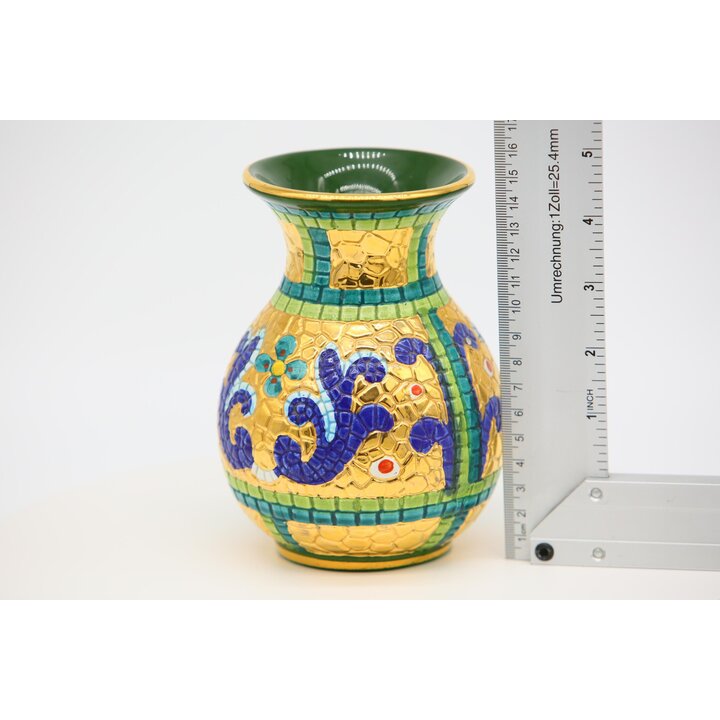 Vintage Italian Ceramic Vase Hand Painted with 24K Gold and Blue