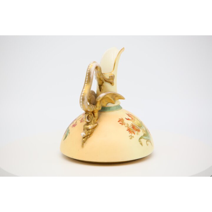 Антикварный кувшин в стиле Royal Worcester с ручкой-драконом - Викторианский ручной росписи фарфор - 15см - XIX век