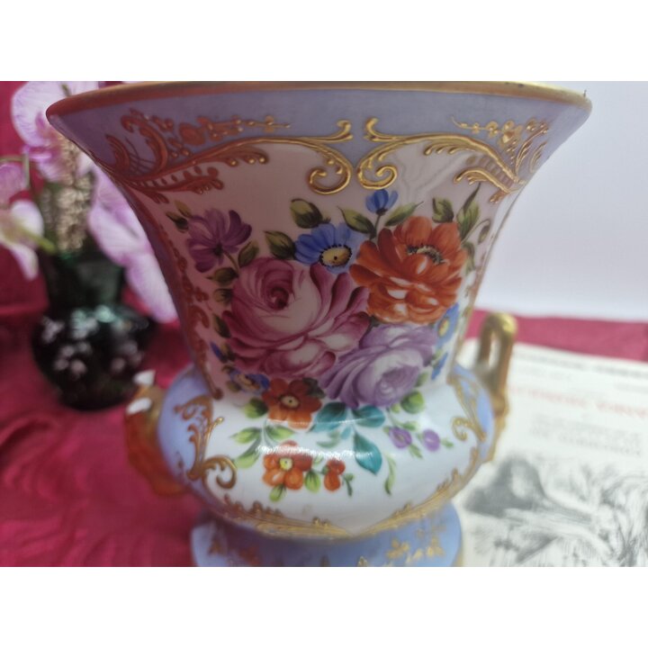 Vase Porzellan Le Tallec Paris Handgemalt Blumen Gold Rokoko Antike Blumenvase Fuer Restauration Höhe 14 cm