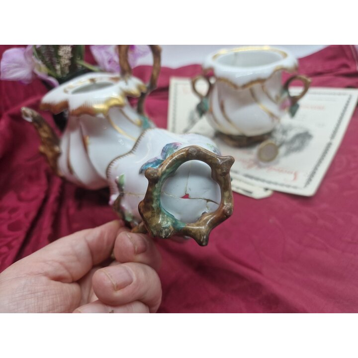 Juego de Té Antiguo de Porcelana, Conjunto Tête à Tête 3 Piezas para Restauración, Siglo XIX Estilo Rococó Tetera Azucarera Taza