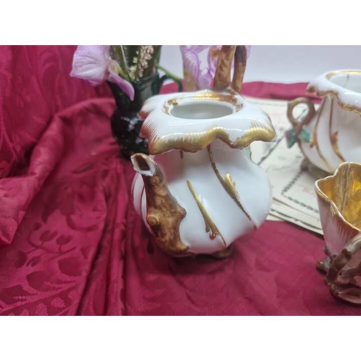 Service à Thé Antique en Porcelaine, Ensemble Tête à Tête 3 Pièces pour Restauration, XIXe Siècle Style Rococo Théière Sucrier T
