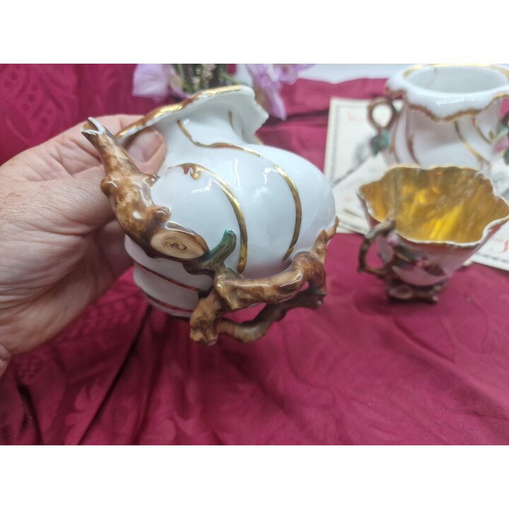 Antikes Porzellan Teeservice Tête à Tête, 3 Teile zur Restauration, 19 Jahrhundert Rokoko Teekanne Zuckerdose Tasse