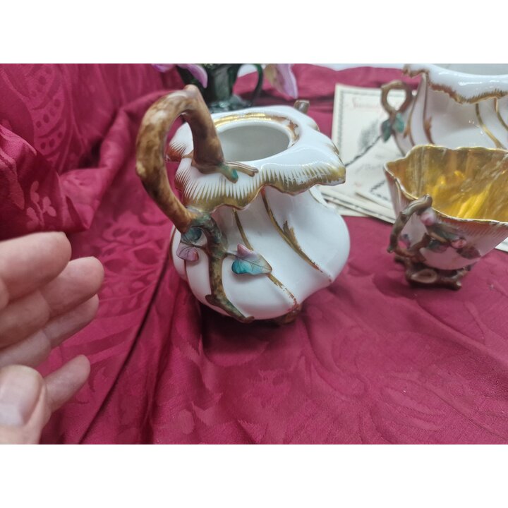 Juego de Té Antiguo de Porcelana, Conjunto Tête à Tête 3 Piezas para Restauración, Siglo XIX Estilo Rococó Tetera Azucarera Taza