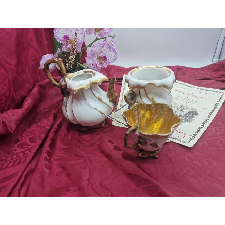 Juego de Té Antiguo de Porcelana, Conjunto Tête à Tête 3 Piezas para Restauración, Siglo XIX Estilo Rococó Tetera Azucarera Taza