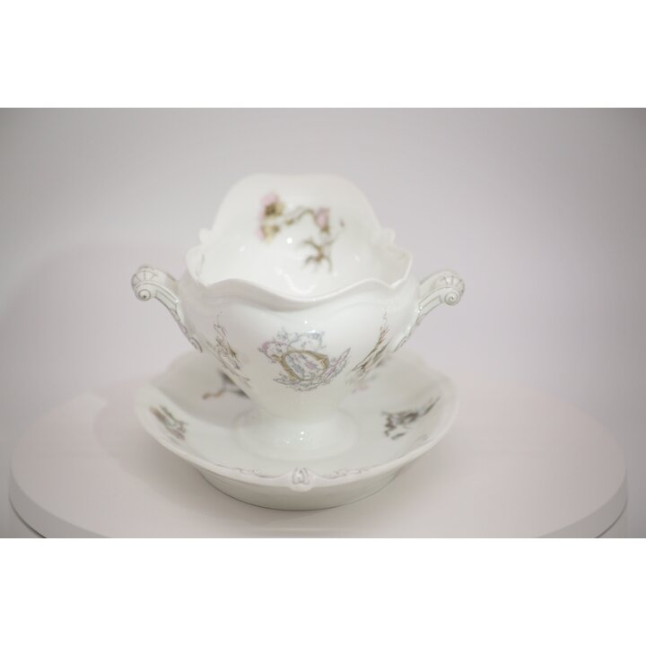 Vintage Porcelain Gravy Boat with Attached Underplate, Rococo Rose Sauce Boat, Mid-Century Floral Tableware, Pink Flower Tureen 