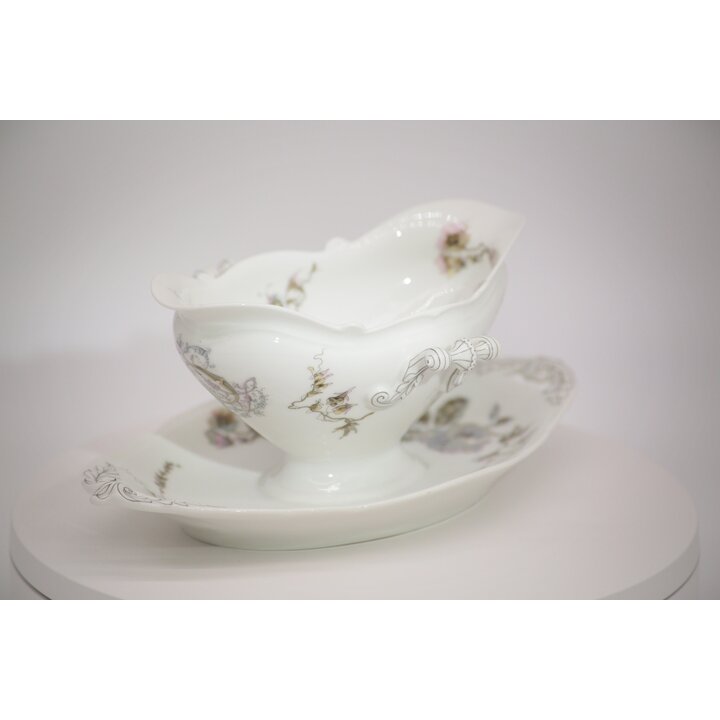Vintage Porcelain Gravy Boat with Attached Underplate, Rococo Rose Sauce Boat, Mid-Century Floral Tableware, Pink Flower Tureen 