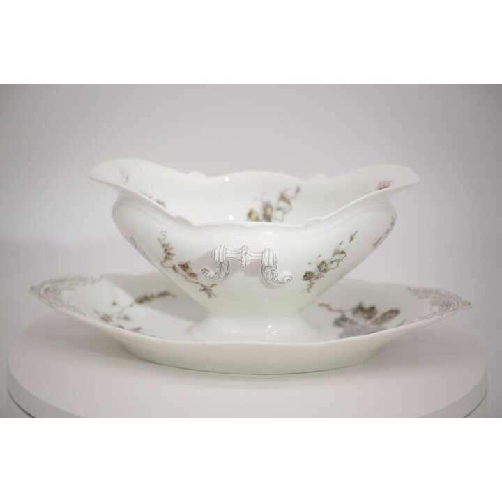 Vintage Porcelain Gravy Boat with Attached Underplate, Rococo Rose Sauce Boat, Mid-Century Floral Tableware, Pink Flower Tureen 
