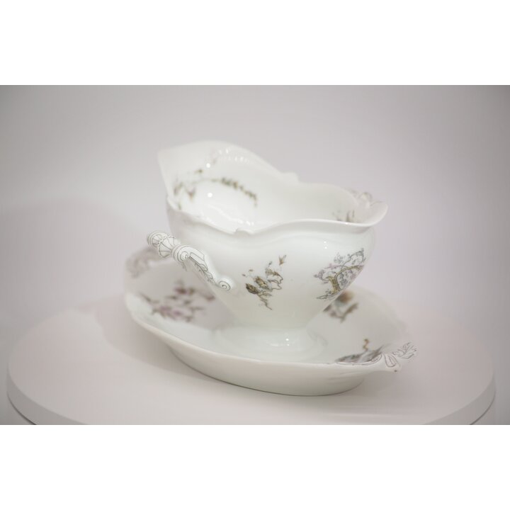 Vintage Porcelain Gravy Boat with Attached Underplate, Rococo Rose Sauce Boat, Mid-Century Floral Tableware, Pink Flower Tureen 