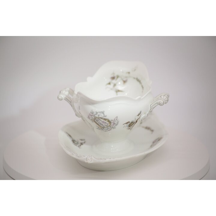 Vintage Porcelain Gravy Boat with Attached Underplate, Rococo Rose Sauce Boat, Mid-Century Floral Tableware, Pink Flower Tureen 