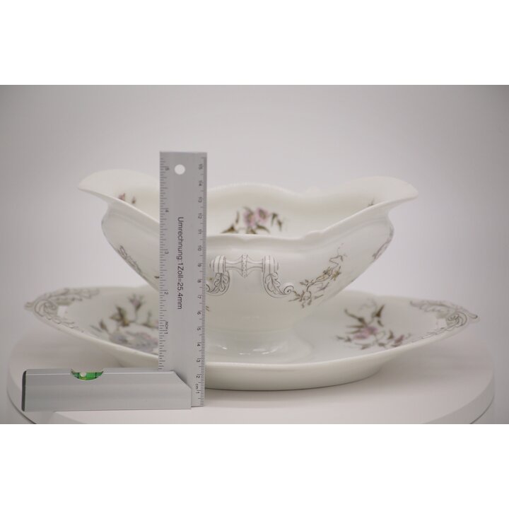 Vintage Porcelain Gravy Boat with Attached Underplate, Rococo Rose Sauce Boat, Mid-Century Floral Tableware, Pink Flower Tureen 