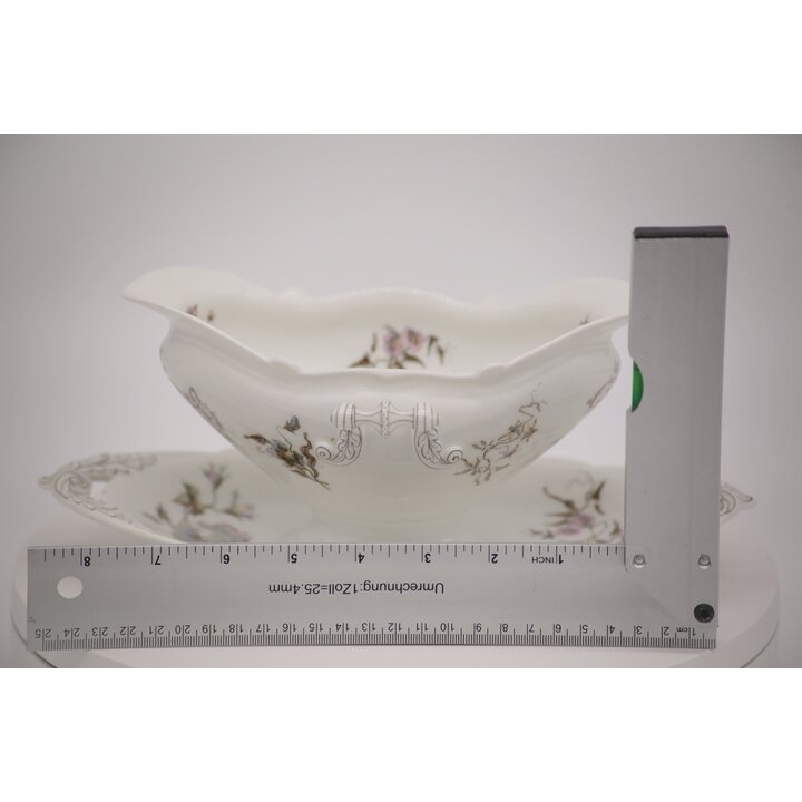 Vintage Porcelain Gravy Boat with Attached Underplate, Rococo Rose Sauce Boat, Mid-Century Floral Tableware, Pink Flower Tureen 