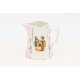 Jarrinha de leite em porcelana, cremeira vintage - Cena galante rococó europeia, louça rosa e dourada, altura 10cm, anos 1980