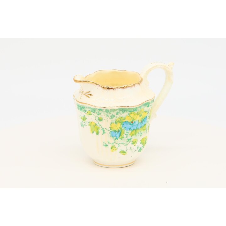 Vintage Milchkännchen aus Keramik, Gießer mit blauen und grünen Blumen, Goldrand Geschirr, Retro Sahnekännchen 1980er Jahre, 10c