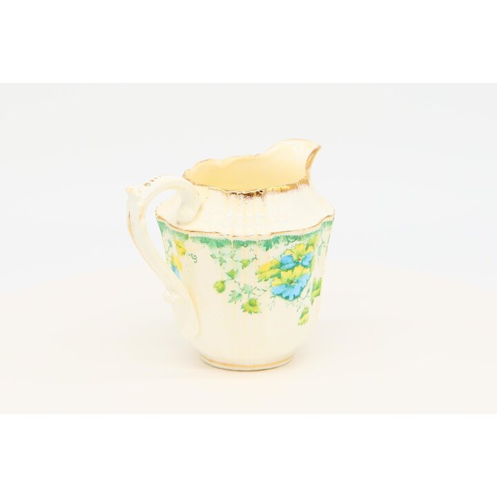 Vintage Milchkännchen aus Keramik, Gießer mit blauen und grünen Blumen, Goldrand Geschirr, Retro Sahnekännchen 1980er Jahre, 10c