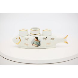 Conjunto Saleiro Pimenteiro e Galheteiro Vintage Napoleão Bonaparte, Suporte Peixe Porcelana Estilo Limoges, Decoração de Mesa A