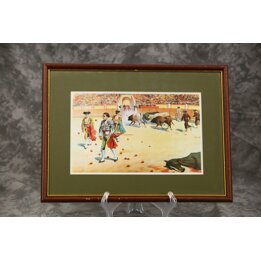 Lámina Enmarcada de Corrida de Toros, Taller R. Serrano Valencia, Reproducción Vintage de Tauromaquia,Década de 1990, Decoración