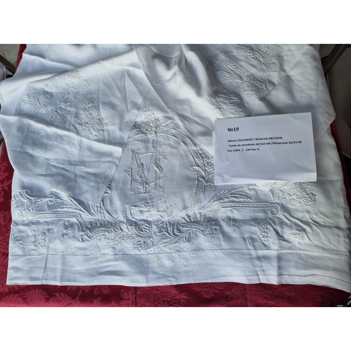 Antique French Linen Bedding Set 1910s Hand-Embroidered