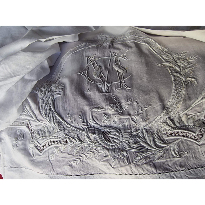 Antique French Linen Bedding Set 1910s Hand-Embroidered