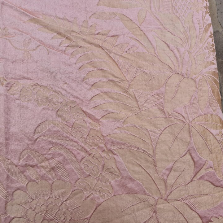 Antike Jugendstil Tagesdecke, Rosa Seide Baumwolle Damast Bettüberwurf, Großer Jacquard Überwurf mit Quasten und Mäanderborte