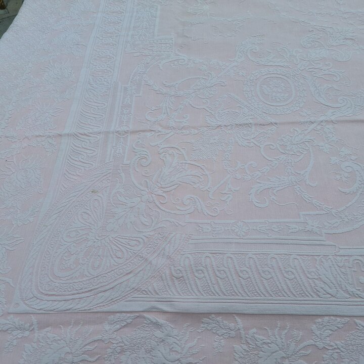 Vintage Jacquard Bedspread Colcha, Pink Cotton Blend Damask Coverlet with Fringe, Neoclassical Medallion Pattern, 190x240 cm, 19