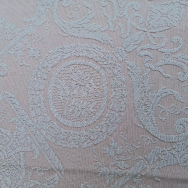 Vintage Jacquard Bedspread Colcha, Pink Cotton Blend Damask Coverlet with Fringe, Neoclassical Medallion Pattern, 190x240 cm, 19