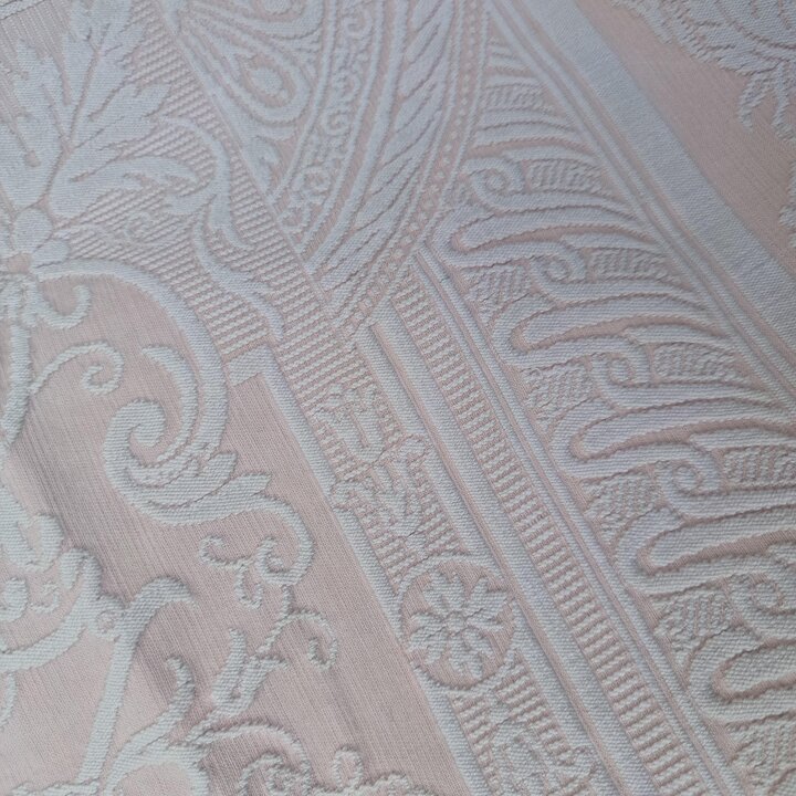 Vintage Jacquard Bedspread Colcha, Pink Cotton Blend Damask Coverlet with Fringe, Neoclassical Medallion Pattern, 190x240 cm, 19