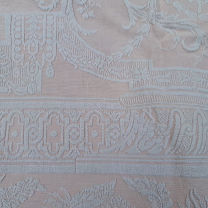 Vintage Jacquard Bedspread Colcha, Pink Cotton Blend Damask Coverlet with Fringe, Neoclassical Medallion Pattern, 190x240 cm, 19