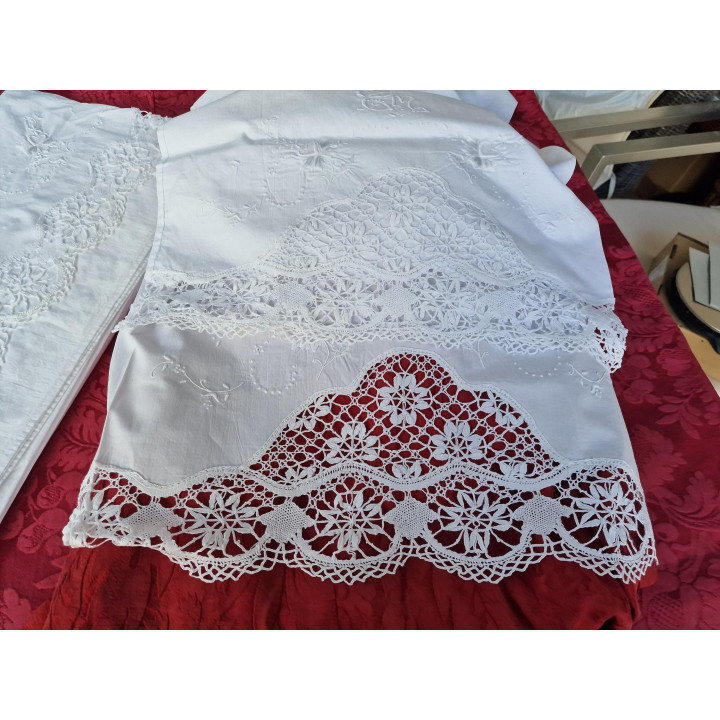 Antike französische Bettwäsche um 1910 mit Monogramm-Stickerei