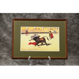 Ingelijste Stierenvechten Print, Atelier R. Serrano Valencia, Vintage Tauromachie Reproductie, Jaren 1990, Kantoor Decoratie