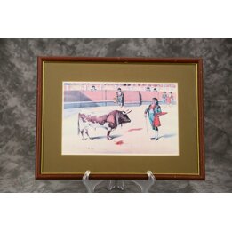 Gravura Moldurada de Toureio, Oficina R. Serrano Valencia, Reprodução Vintage de Tauromaquia, Década de 1990, Decoração de Escri