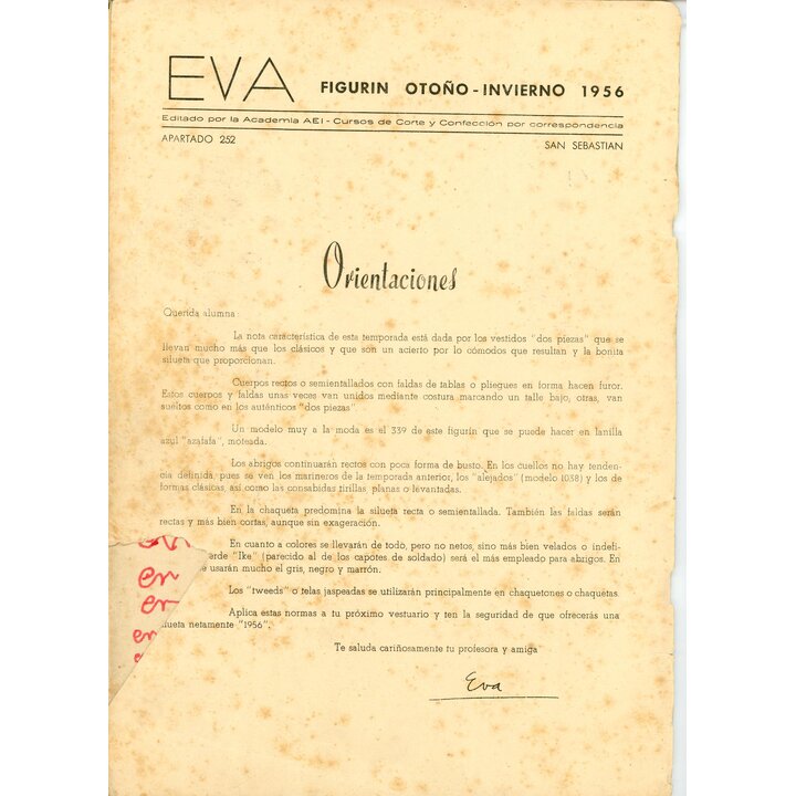 Eva Figurín 1956 Revista de Moda Española Vintage, Guía de Estilo Otoño Invierno, Academia AEI San Sebastián, Patrones de Costur