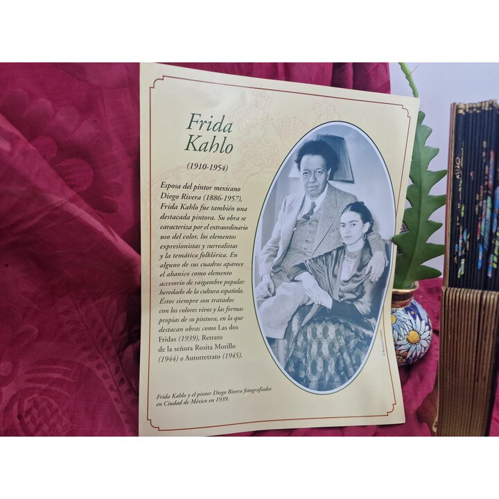 Verzamelbare Handwaaier met Folder, Planeta DeAgostini Abanicos de Coleccion No 11, Frida Kahlo Thema, Vintage Hout en Stof