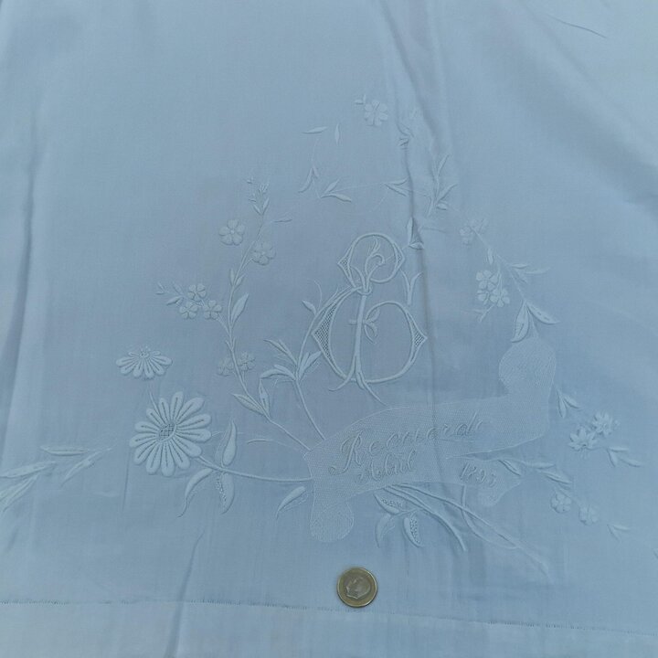 Drap de Lin Ancien, Couvre-lit Brode Main Trousseau de Mariage Espagnol Monogramme Recuerdo Date 1895 Literie Blanche 160x280 cm