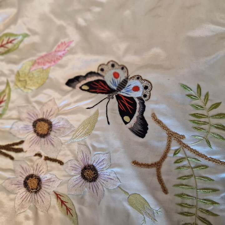 Antique French Silk Bedspread 1900s Hand Embroidered Cherub Putti Flower Garland Silk Damask Scalloped Edge Trousseau Victorian 