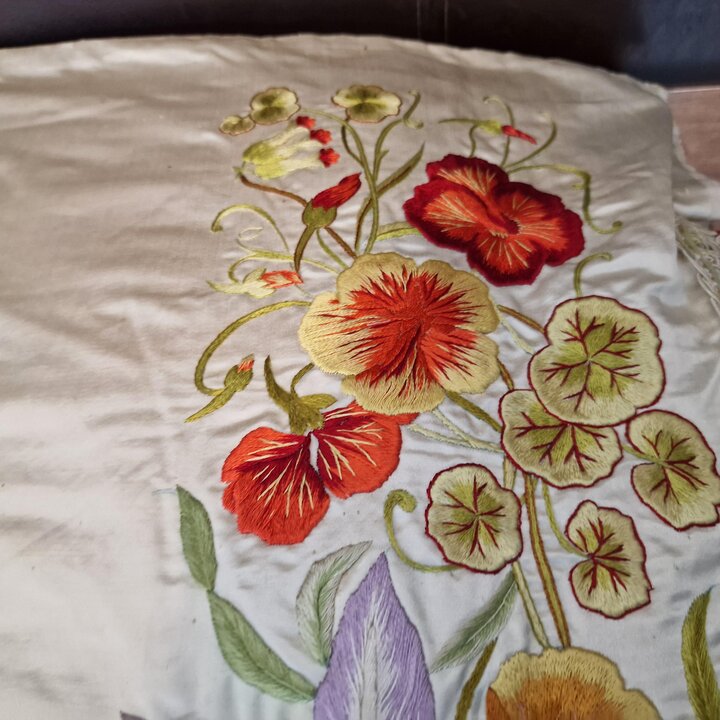 Antique French Silk Bedspread 1900s Hand Embroidered Cherub Putti Flower Garland Silk Damask Scalloped Edge Trousseau Victorian 