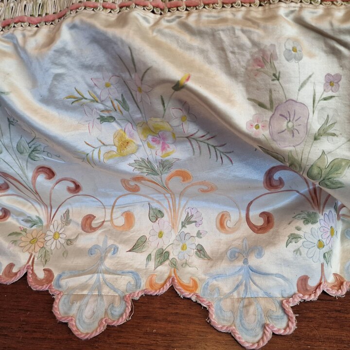 Antique French Silk Bedspread 1900s Hand Embroidered Cherub Putti Flower Garland Silk Damask Scalloped Edge Trousseau Victorian 